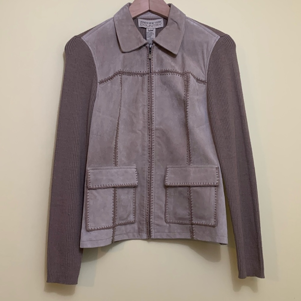 Jones New York Country Leather Patchwork Long Sleeve Full Zip Sweater Jacket S